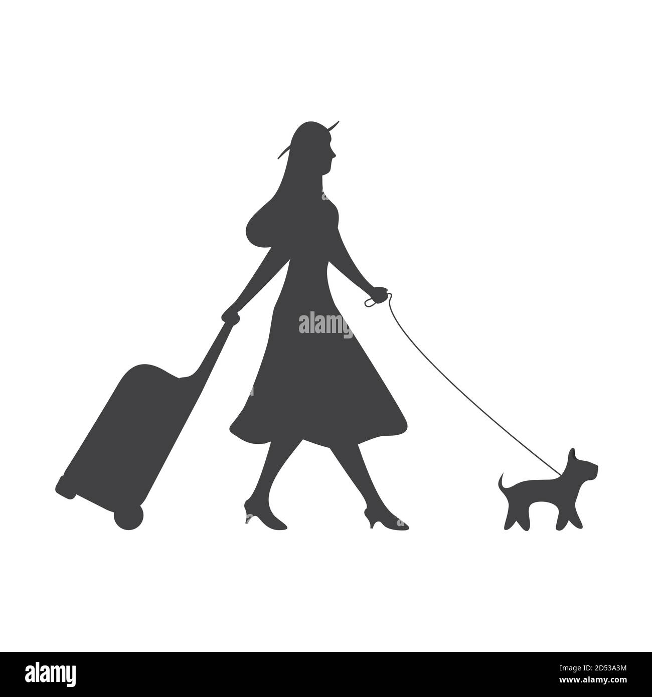 Girl traveling with a suitcase and a dog.Black silhouette isolated on white background. Stock Vector