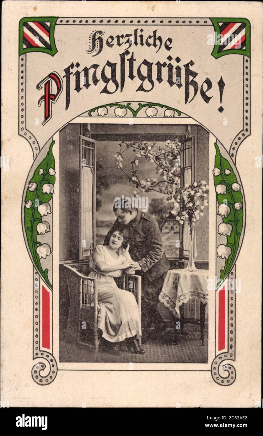 Jugendstil Glückwunsch Pfingsten, Liebespaar, Umarmung, Soldat | usage worldwide Stock Photo