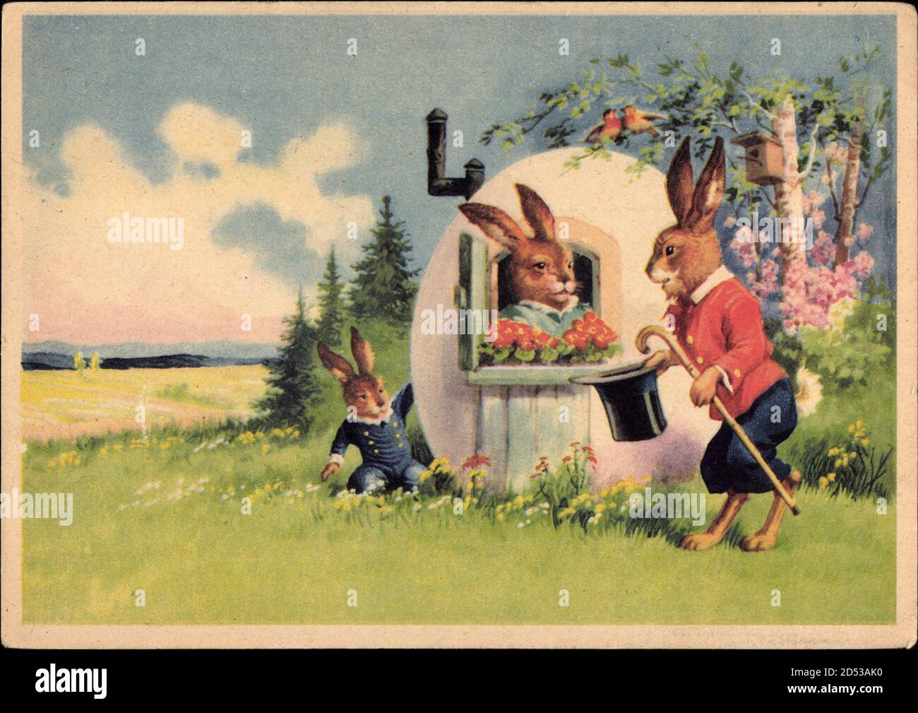 Hasenfamilie, Häsin schaut aus Ei heraus, Zylinder, Gehstock | usage  worldwide Stock Photo - Alamy