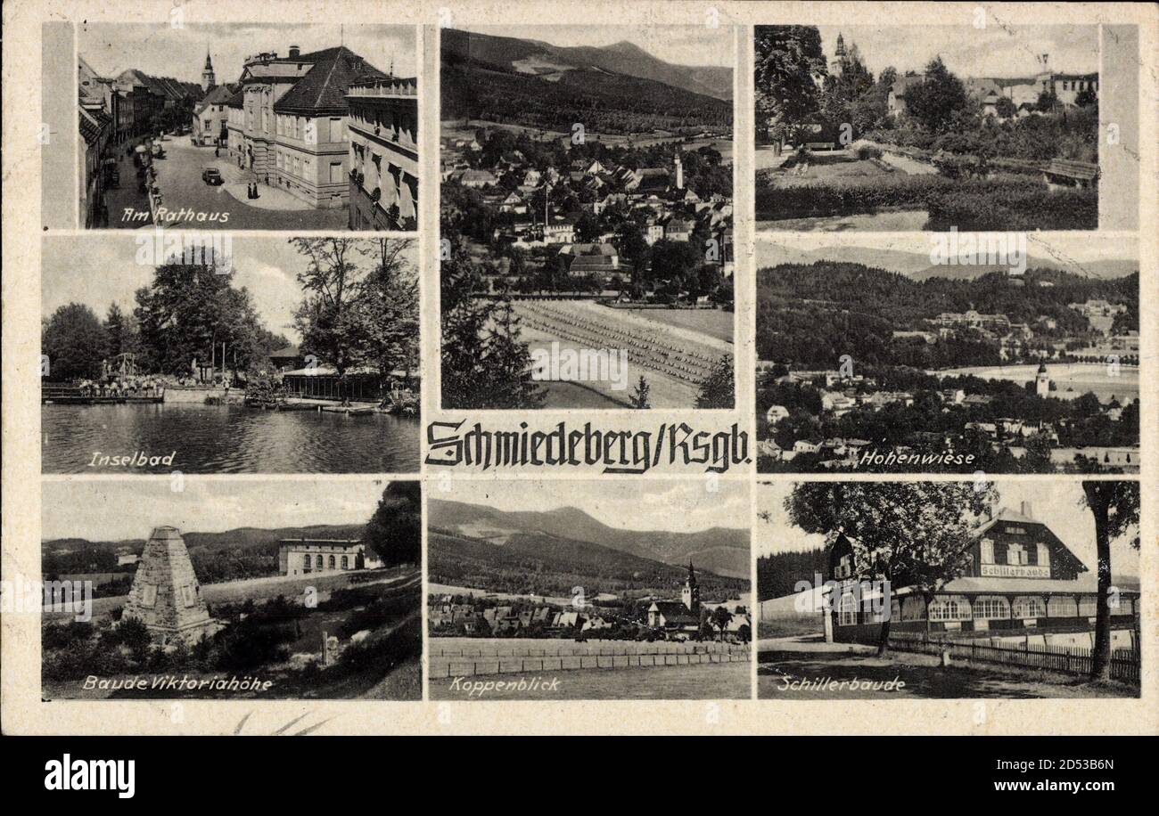 Kowary Schmiedeberg Riesengebirge Schlesien, Rathaus, Inselbad, Schillerbaude | usage worldwide Stock Photo