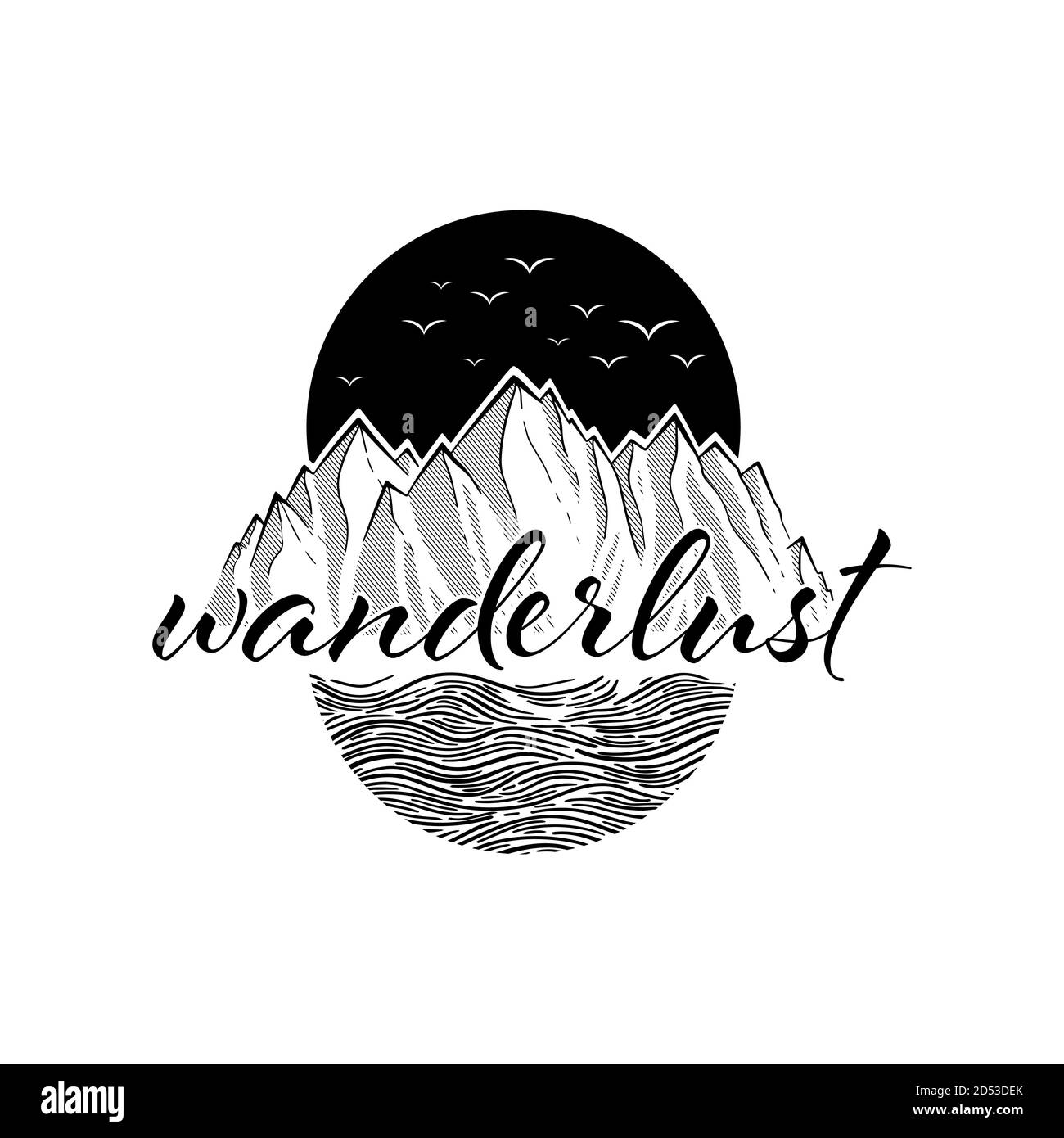 Wanderlust adventure travel circle icon with birds. Mountain and sea black on white. Black Vector illustration Stock Vector
