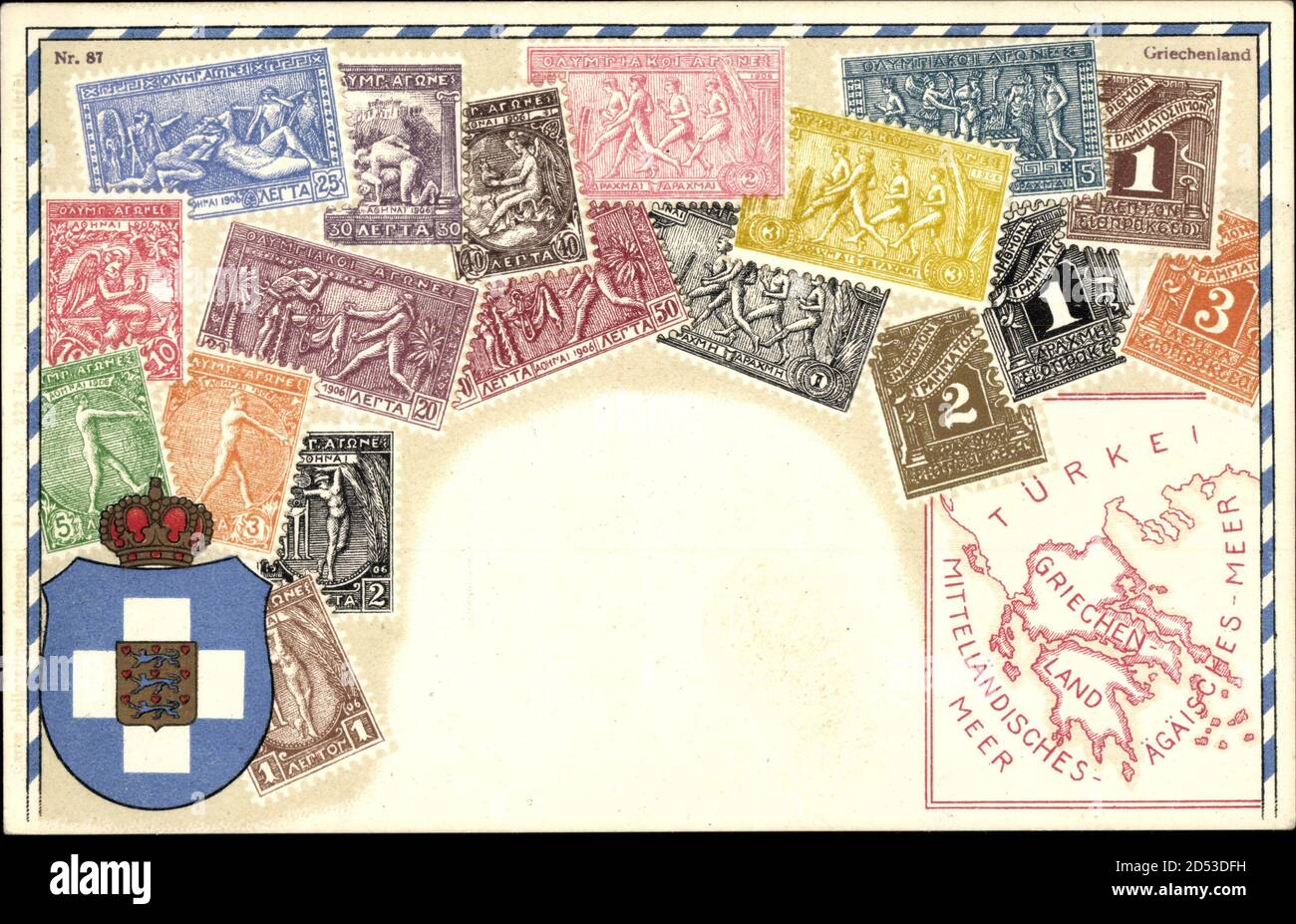 Briefmarken Wappen Griechenland, Olympische Szenen, Türkei, Ägäis, Drachmen | usage worldwide Stock Photo