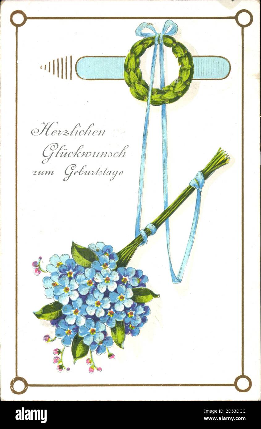 Glückwunsch Geburtstag, Blumenstrauß mit blauen Blüten usage