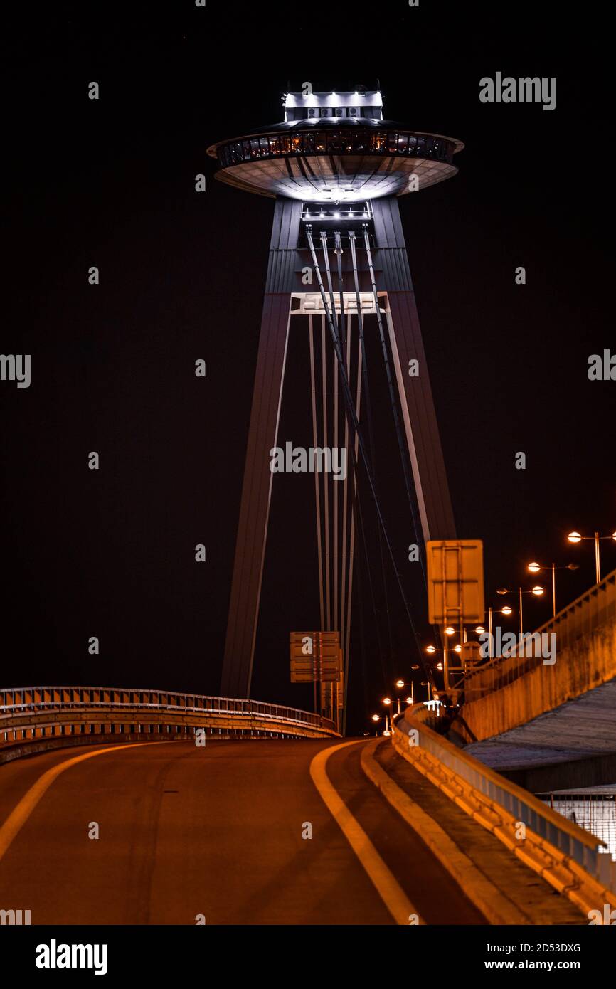 Bridge SNP in Bratislava during night that looks like an UFO Stock Photo