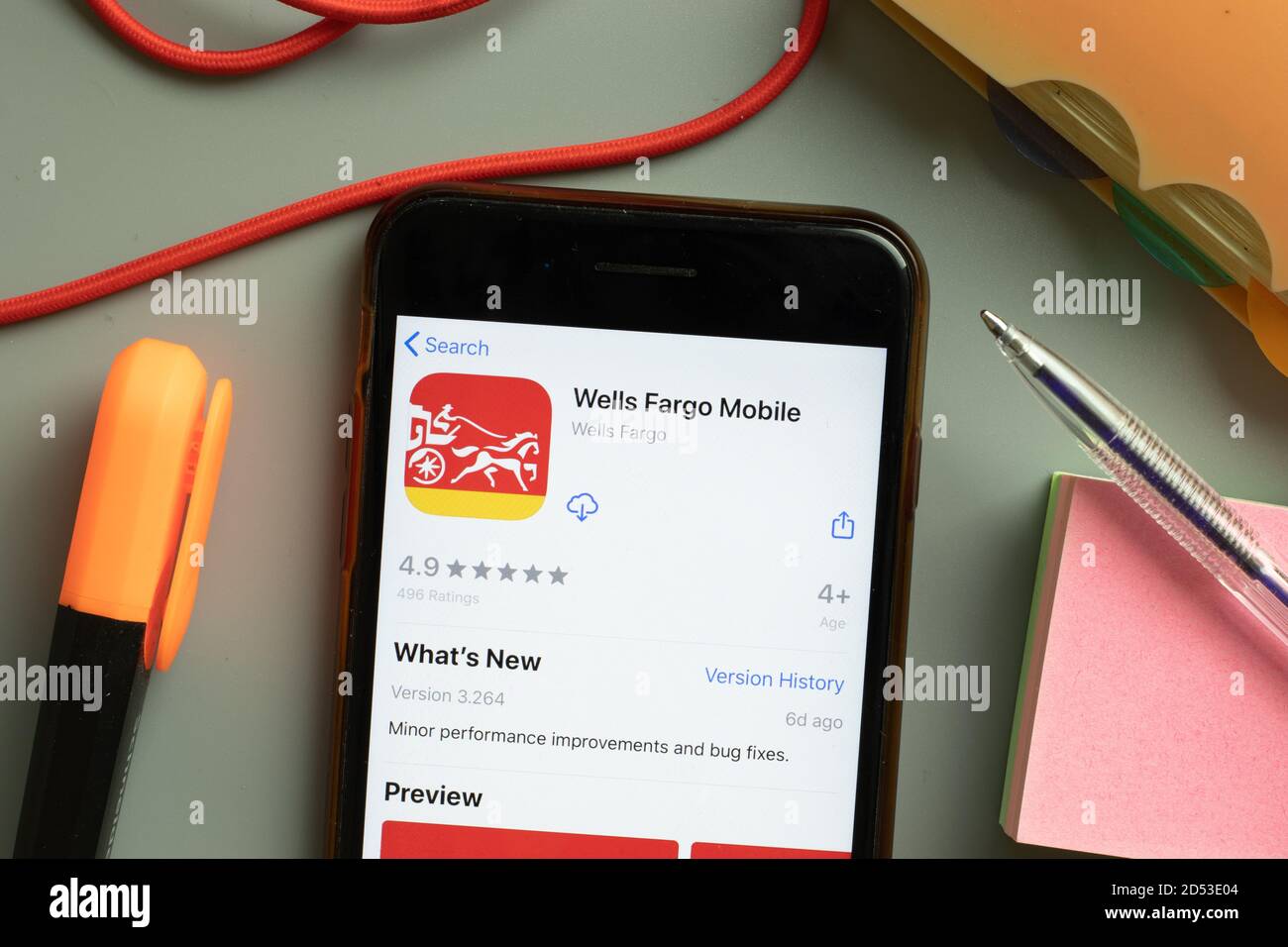 New York, USA 29 September 2020 Wells Fargo mobile app logo on phone