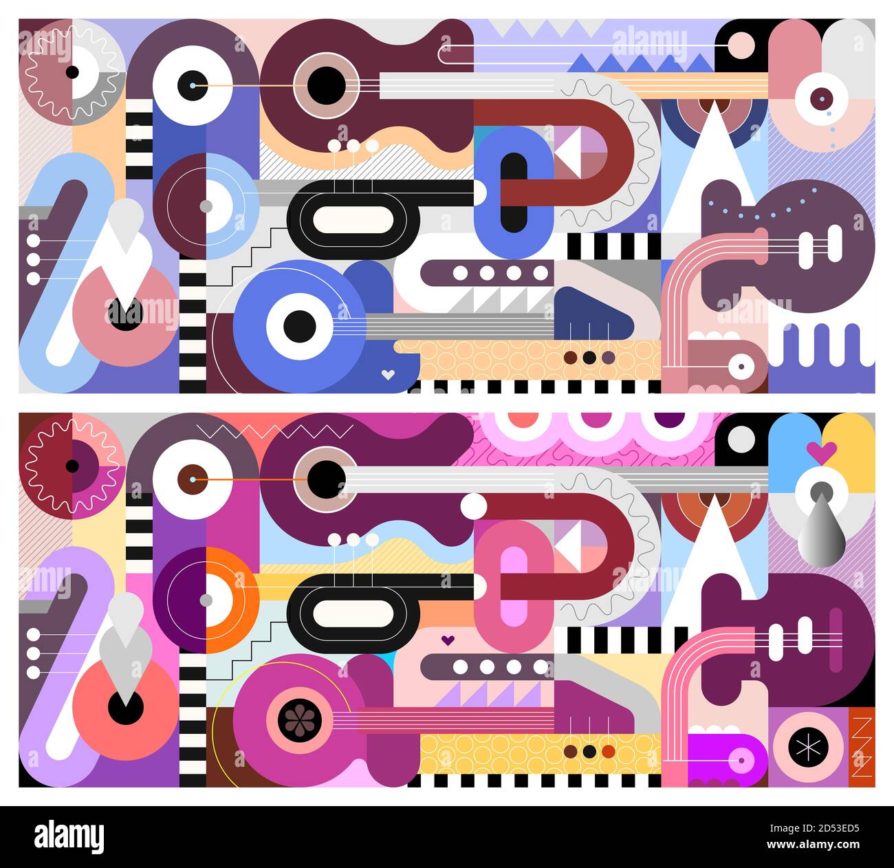 Colored geometric style design with different musical instruments, vector illustration. Abstract art composition of guitars, trumpet, saxophone and ge Stock Photo