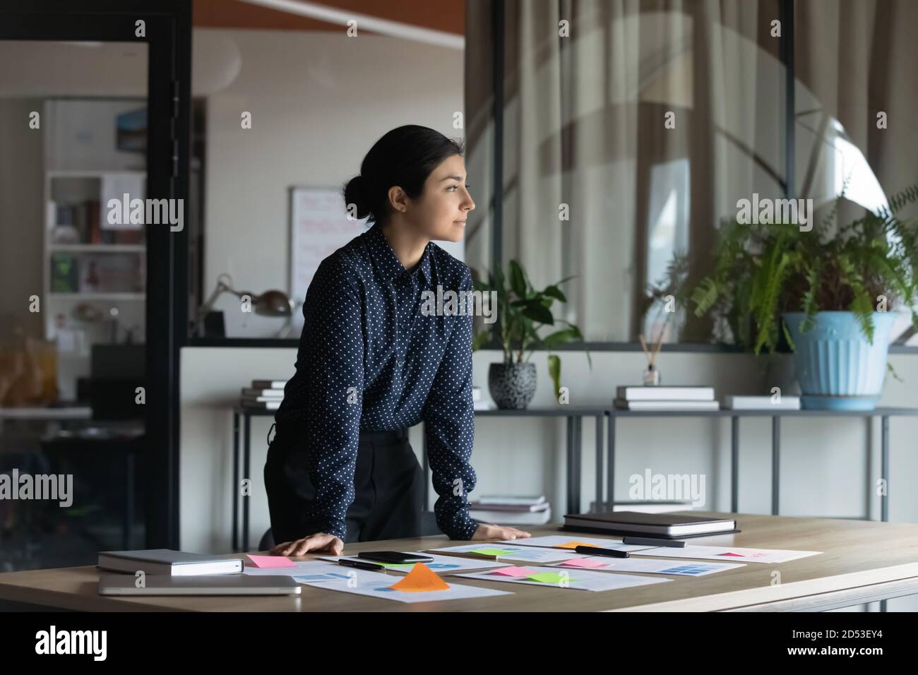 Pensive confident indian businesswoman visualizing in office Stock Photo