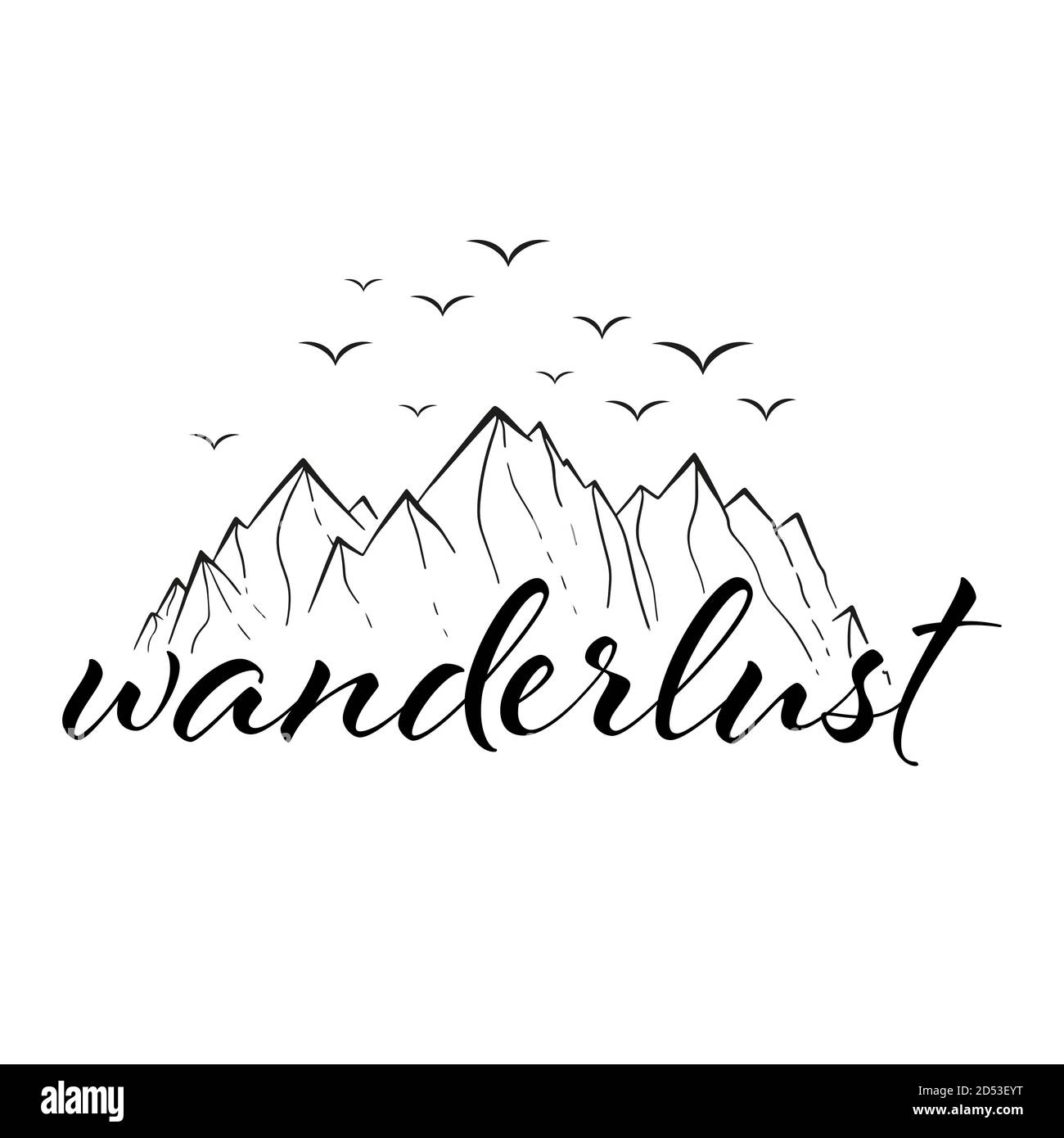 Wanderlust mountain black on white. Adventure travel icon with birds. Vector illustration. . Vector illustration Stock Vector