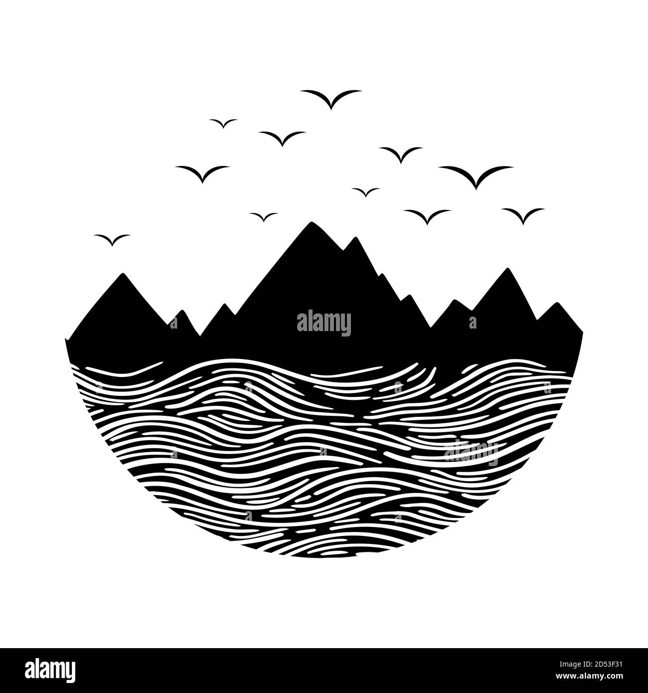 Mountain and sea black on white. Wanderlust adventure travel circle icon with birds. Black Vector illustration.  Stock Vector