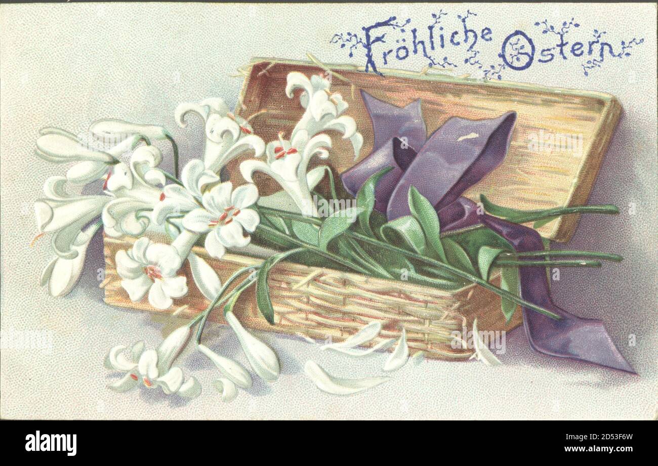 Glückwunsch Ostern, Weiße Lilien, Korb, Schleife | usage worldwide Stock Photo