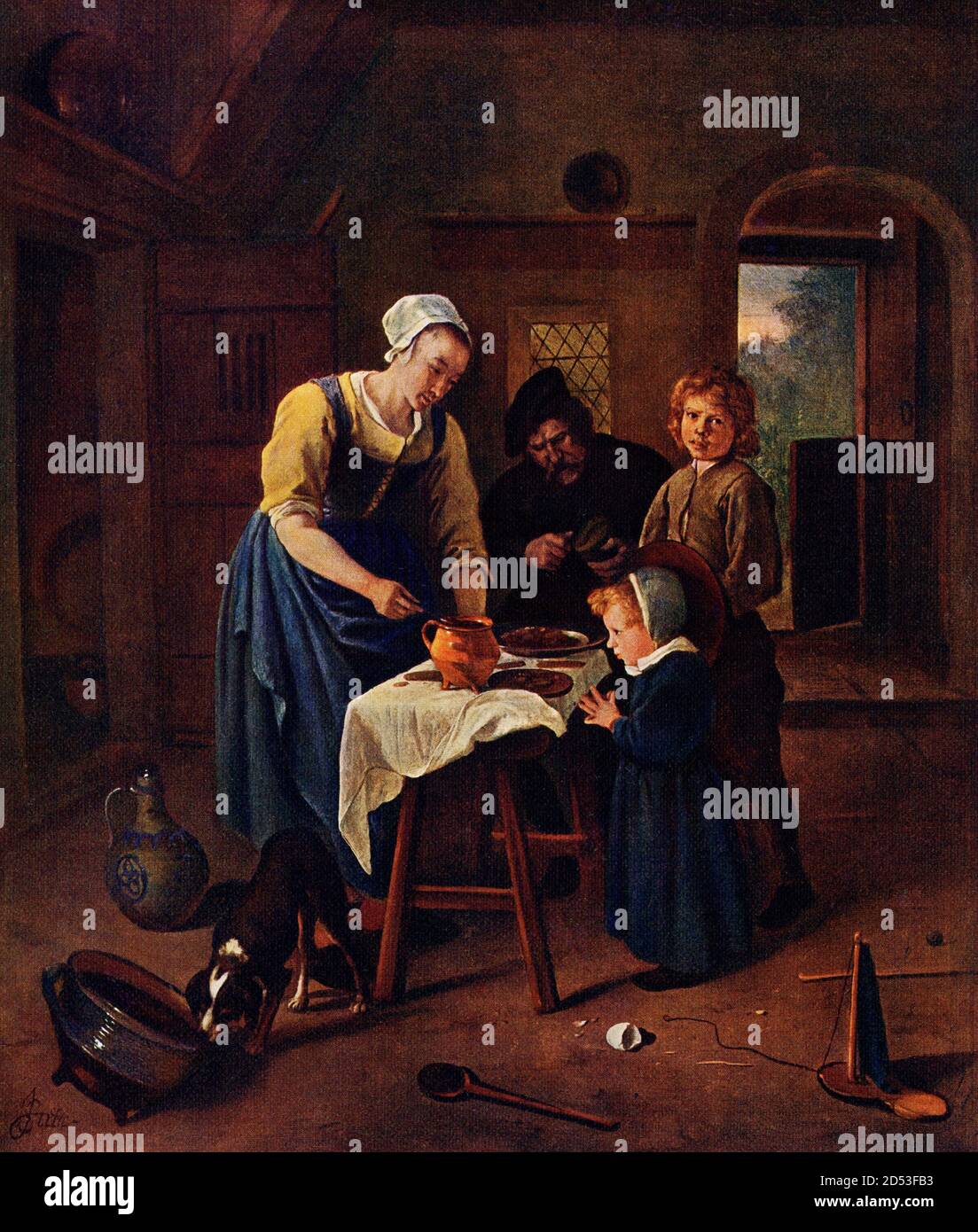 This painting, titled Grace before Meat, was done by the Dutch Golden age painter Jan Steen (1626-1679). Steen combined a genius for painting with jovial habits which were not marked by moderation. In spite of this, he produced a large number of pictures, showing incidents of the everyday life with which he was acquainted. His general note is one of humor, and rarely does he discard it for the quiet harmony of domestic scenes which gives an added interest to such pictures as Grace Before Meat. Stock Photo