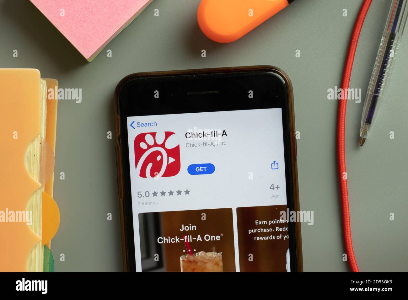 New York, USA - 29 September 2020: Chick-fil-A Chickfila mobile app logo on phone screen close up, Illustrative Editorial Stock Photo