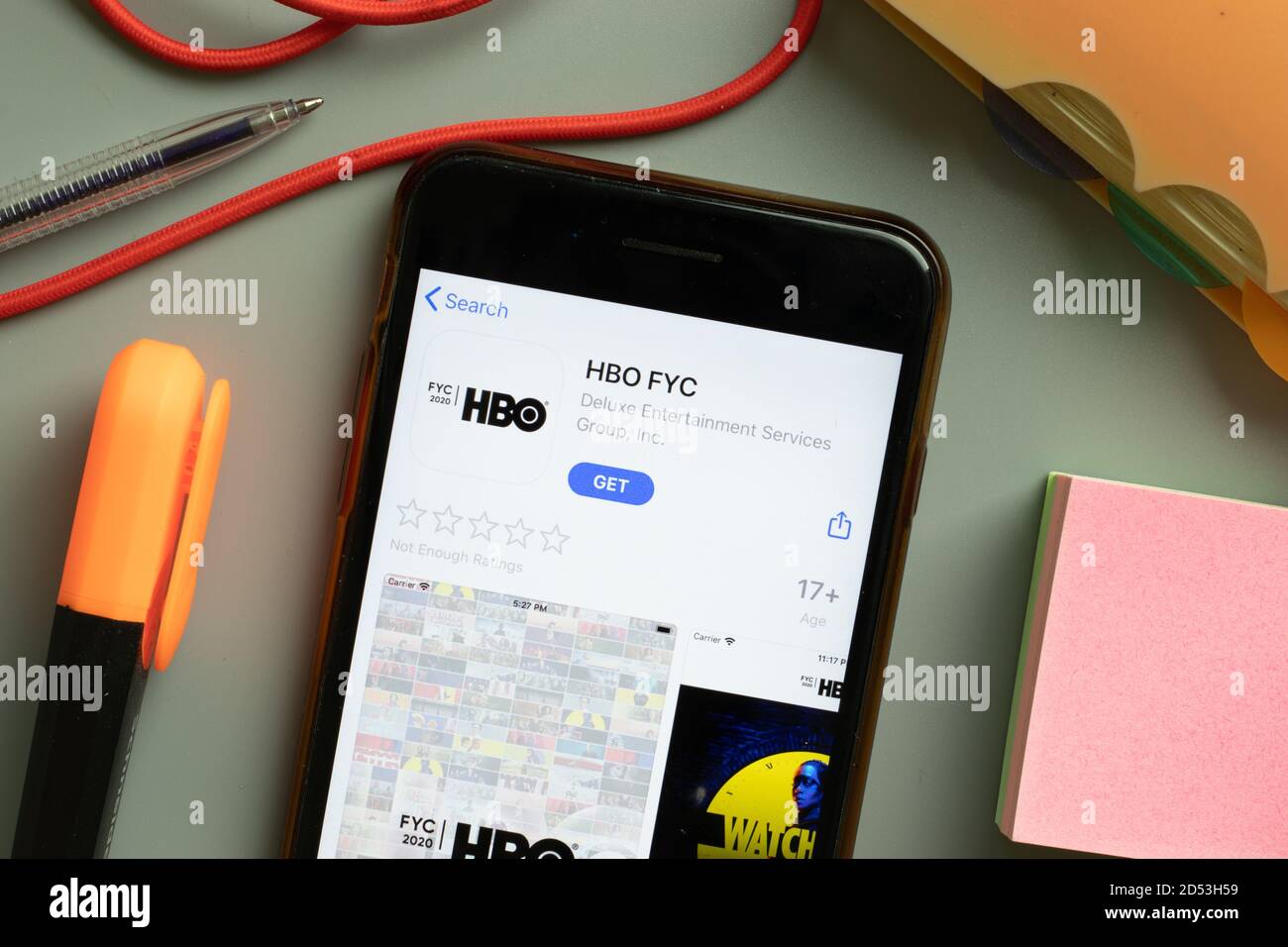 New York, USA 29 September 2020 HBO FYC mobile app logo on phone