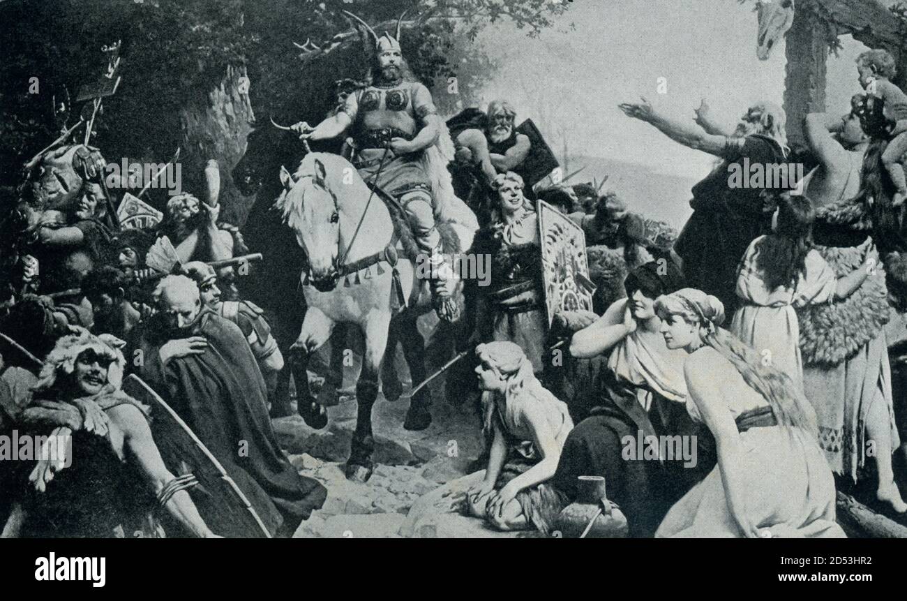 This early 1900s illustration shows the return of the Germans after the battle in Teutoberg Forest against the Roman legions commanded by Quintilius Varus. The Roman emperor was Augustus. The Teutoburg Forest is a range of low, forested hills in the German states of Lower Saxony and North Rhine-Westphalia. In 9 A.D., this region was the site of a major Roman defeat, the Battle of the Teutoburg Forest. Stock Photo