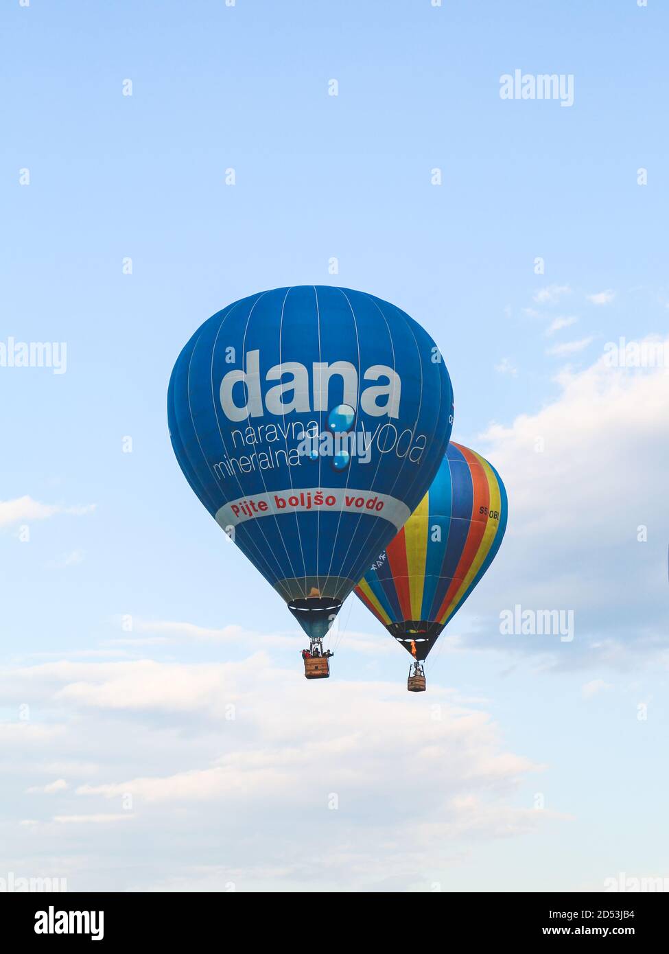 Zapresic/ Croatia-May 1st,2018: Two hot air balloons flying in the air, above open festival Stock Photo