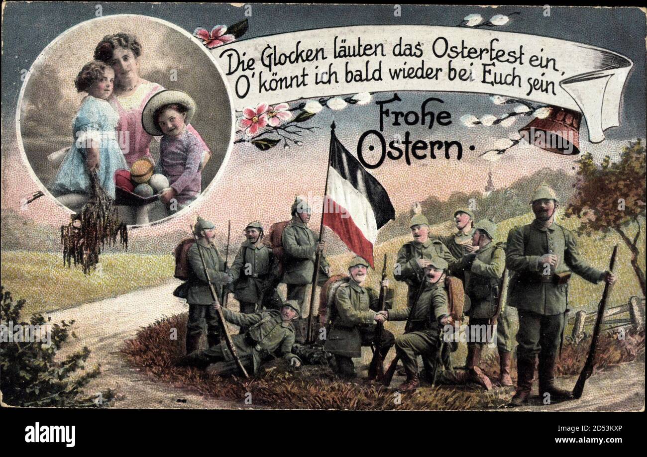 Glückwunsch Ostern, Die Glocken läuten das Osterfest ein, Soldaten, Familie | usage worldwide Stock Photo