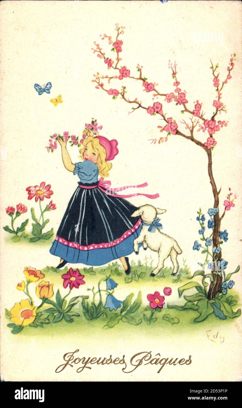 Glückwunsch Ostern, Mädchen mit einem Lamm, Schmetterlinge | usage worldwide Stock Photo