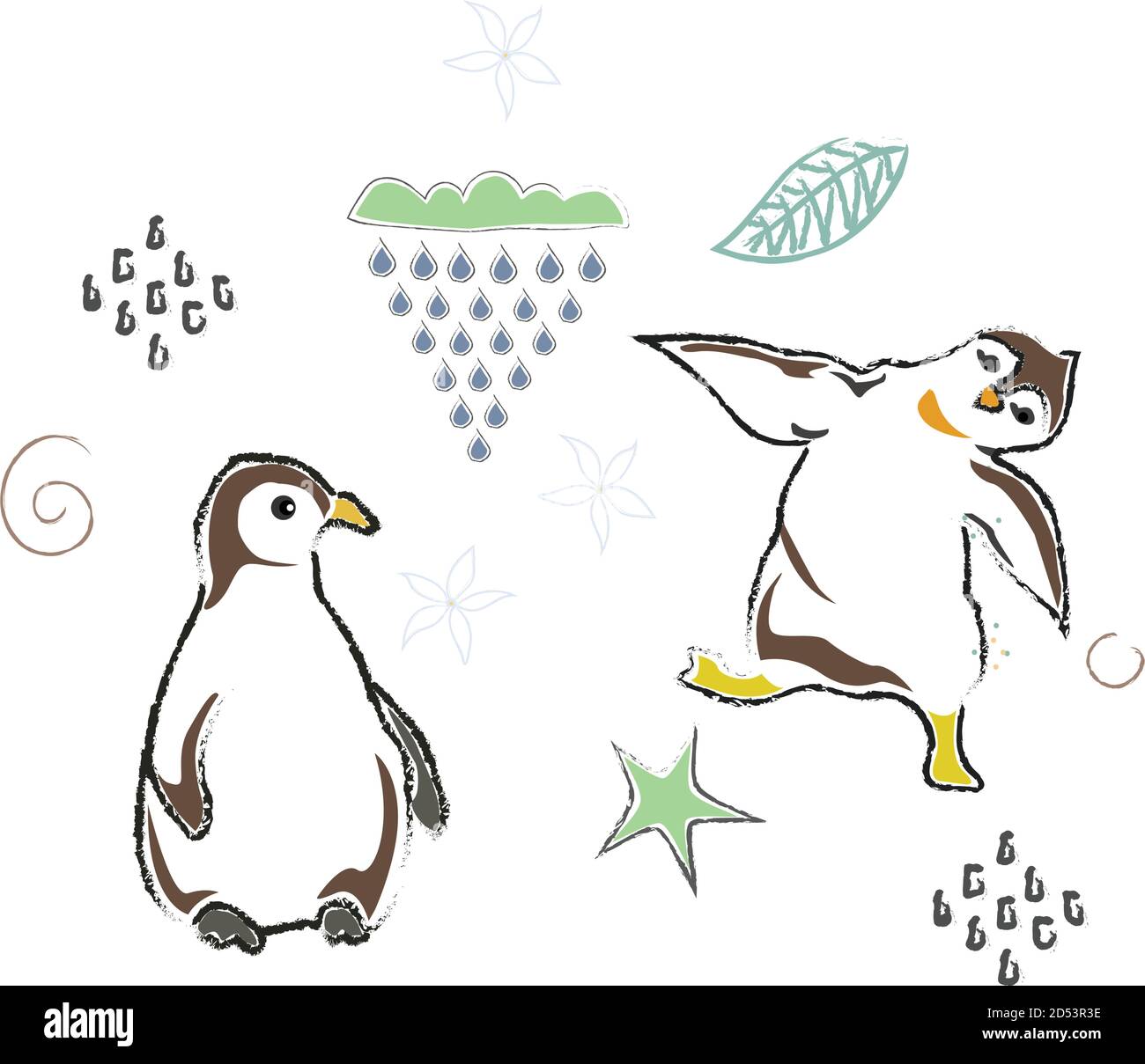Cute Winter Icon with penguins. Hand Drawn Scandinavian Style. Vector ...