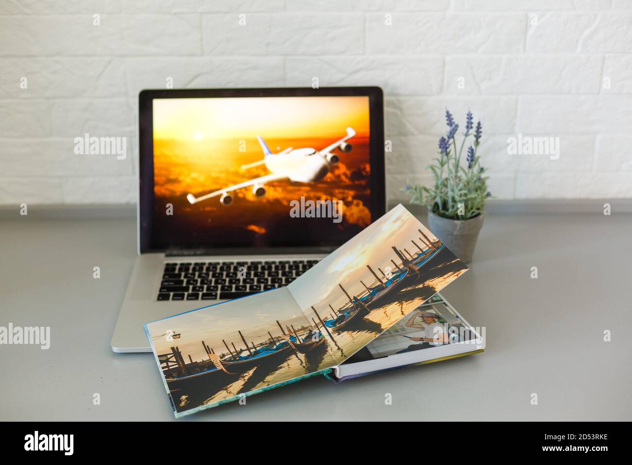 Work and Travel Concept. Laptop Computer on the Motorhome Table