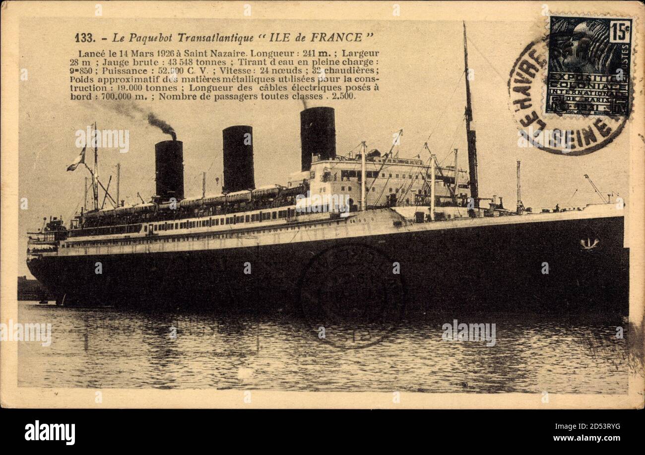 Paquebot Ile de France, Dampfschiff, CGT, French Line | usage worldwide Stock Photo