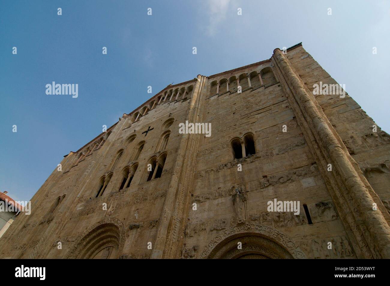 Low angle view of the Basilica San Michele church in Pavia. The Basilica dates from the 11th and 12th centuries and is built of Lombard-Romanesque sty Stock Photo