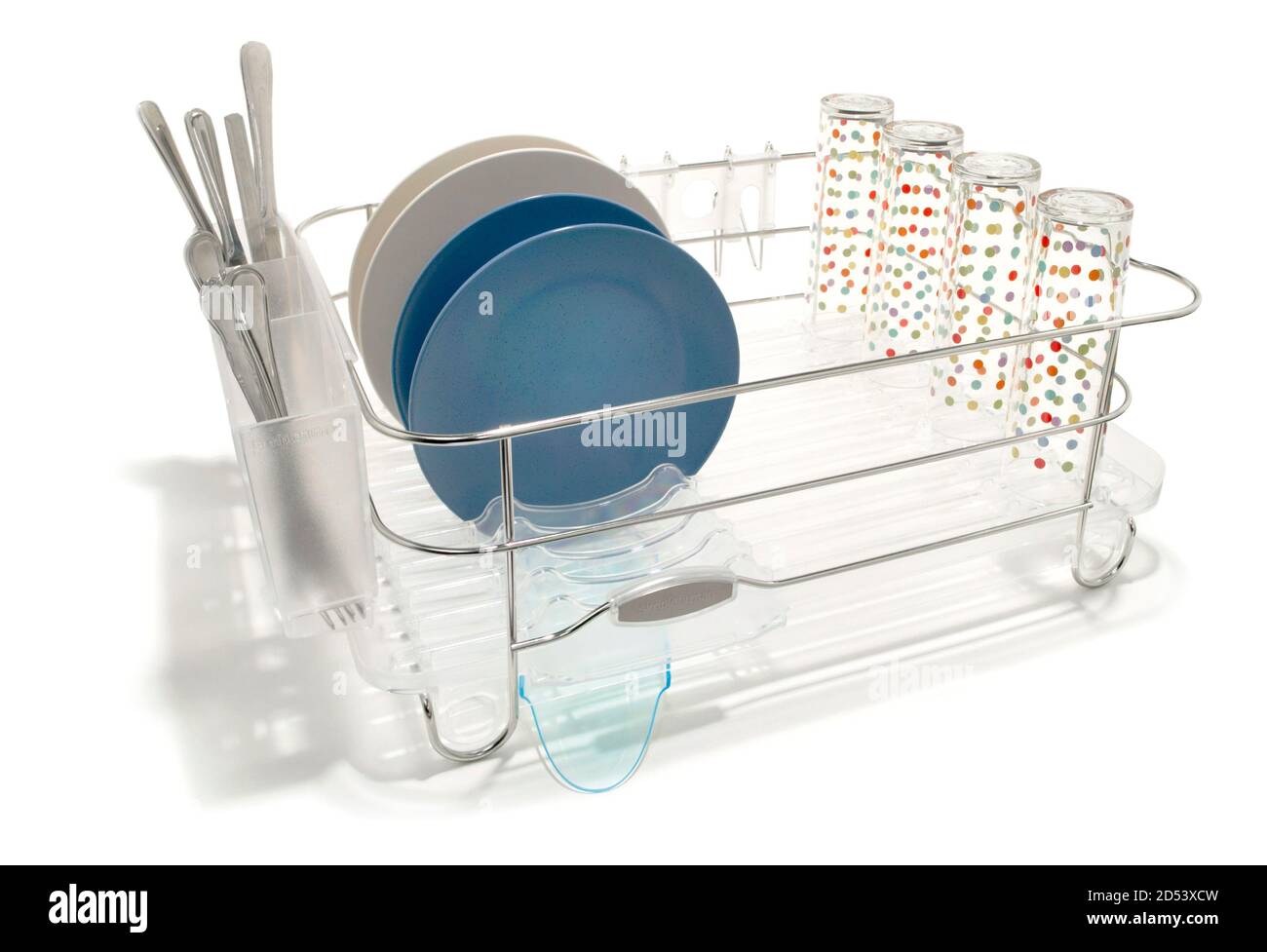 metal dish rack with plastic tray and dishes photographed on a white background Stock Photo