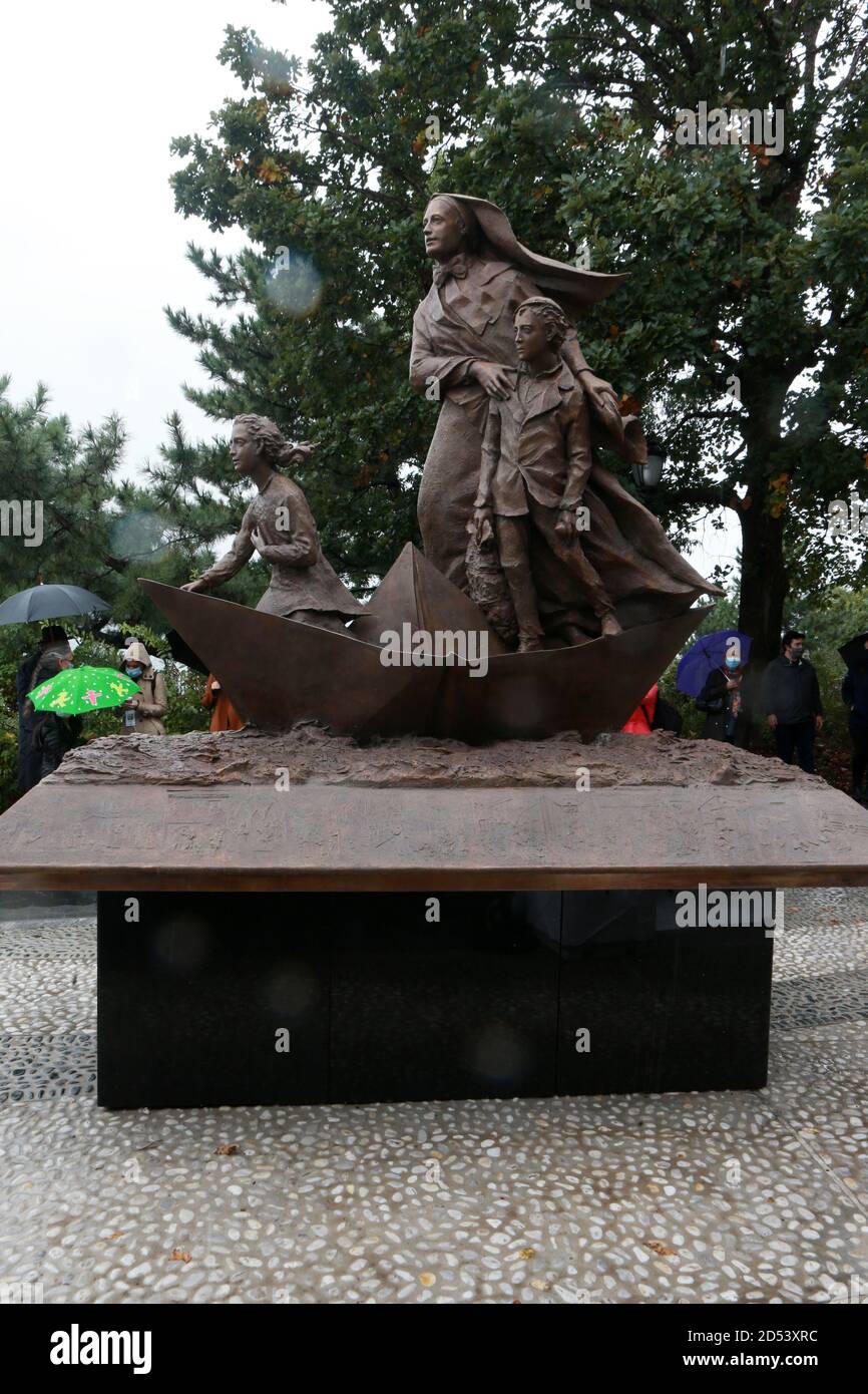 New York, NY, USA. 12th Oct, 2020. The unveiling of the Mother Cabrini Statue at Virtual Columbus Day Parade at Battery Park City in lower Manhattan on October 12, 2020 in New York City. Credit: Mpi43/Media Punch/Alamy Live News Stock Photo