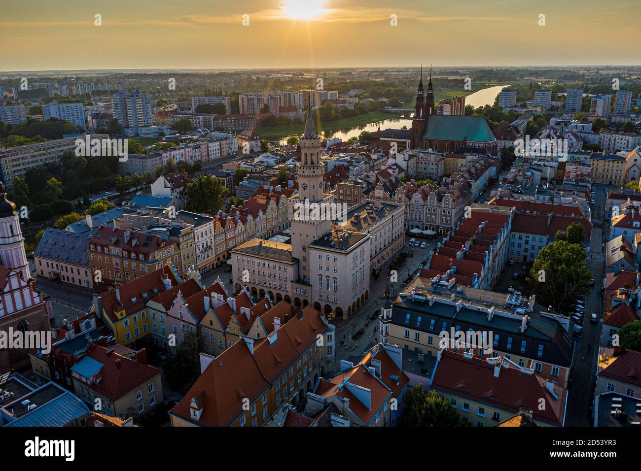 Aerial drone view on Opole city center and old town. Stock Photo