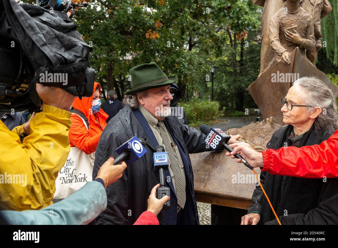 New York, United States. 12th Oct, 2020. Artists Giancarlo Biagi and Jill Biagi speak to media during unveiling of Mother Cabrini Memorial in Battery Park. During pandemic when Columbus Day parade has been canceled memorial and sculpture for Mother Cabrini has been unveiled. Mother Cabrini born Maria Francesca Cabrini was the first U.S. citizen to be canonized as a Saint by the Roman Catholic Church. (Photo by Lev Radin/Pacific Press) Credit: Pacific Press Media Production Corp./Alamy Live News Stock Photo