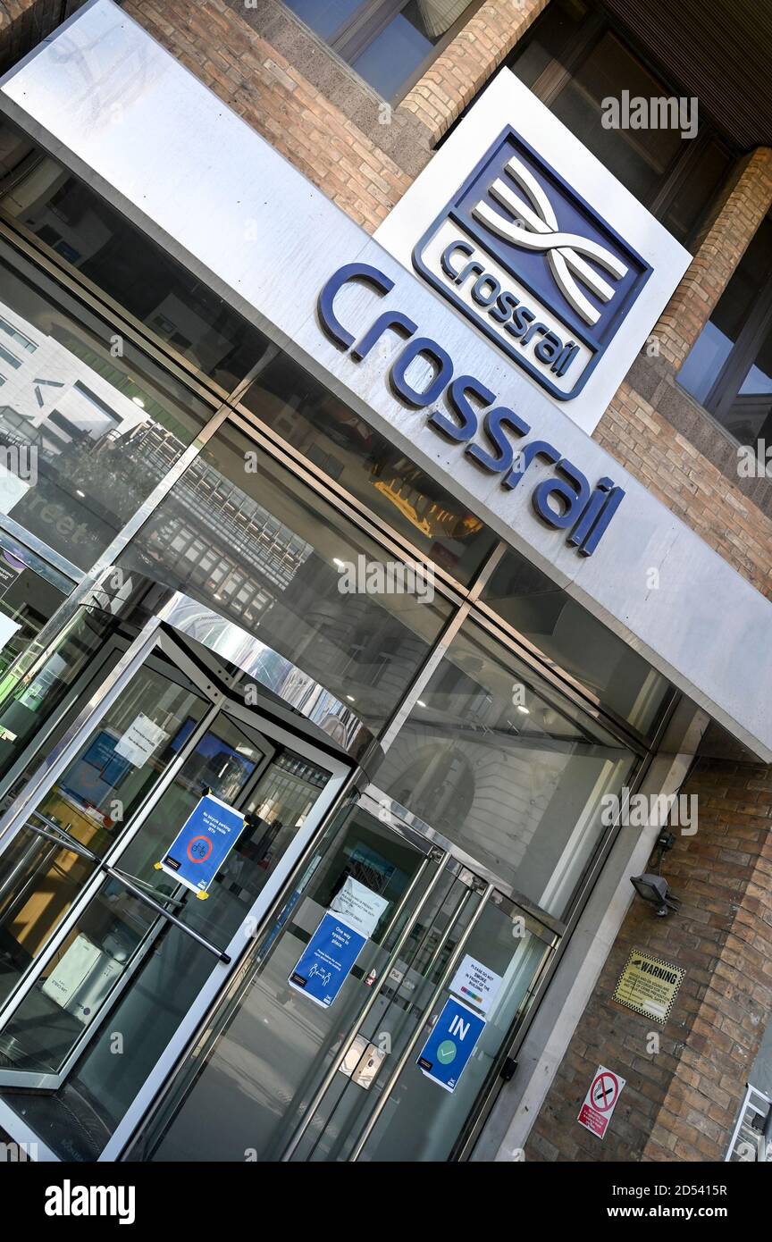 Crossrail Station (Elizabeth Line) at Liverpool Street, London with Crossrail logo. Stock Photo
