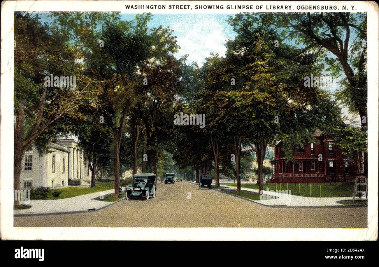 Ogdensburg New York USA, Washington Street, showing Glimpse of Library