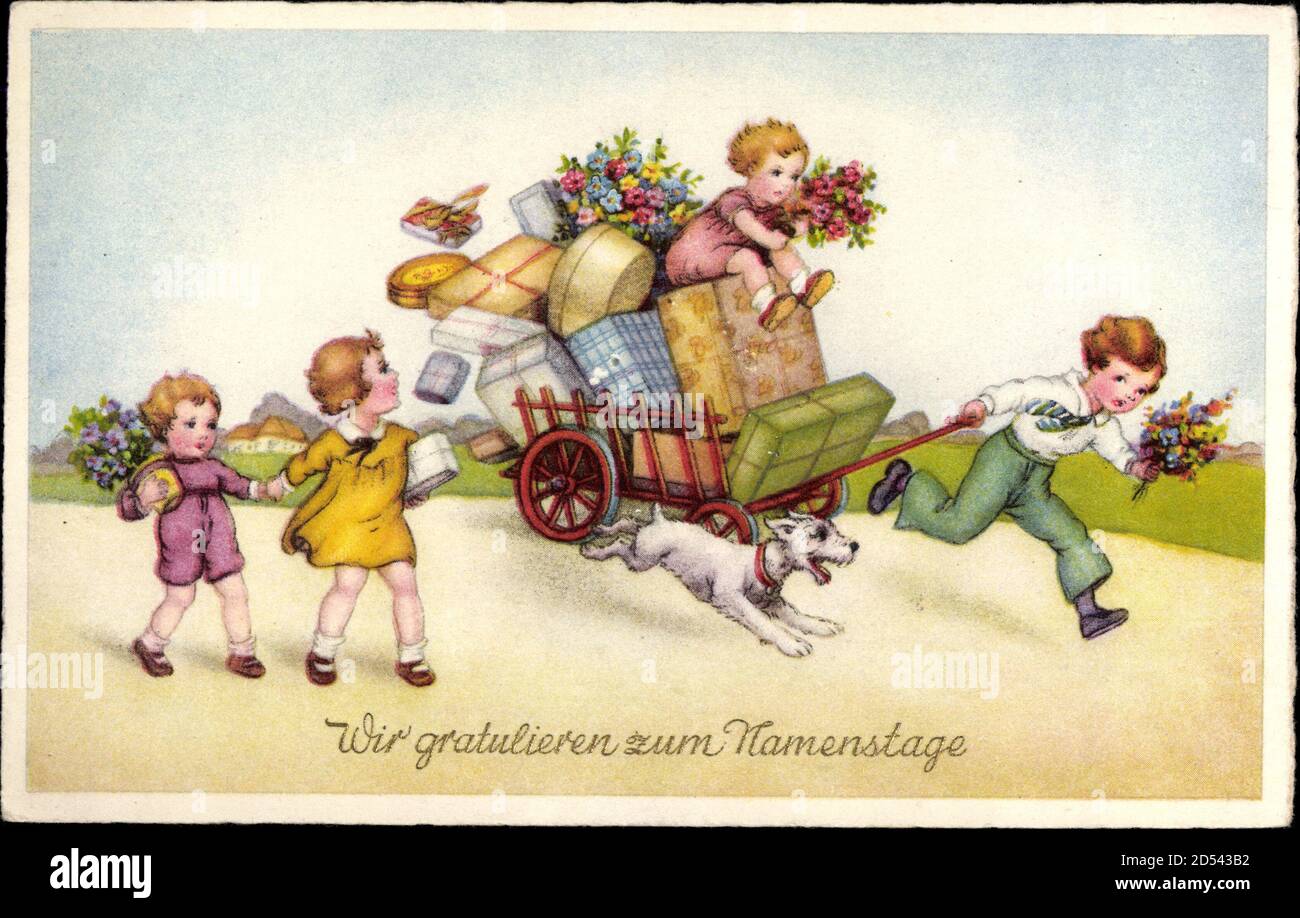 Glückwunsch Namenstag, Kinder, Geschenkem, Blumen, Hund, EAS M 2521 | usage  worldwide Stock Photo - Alamy