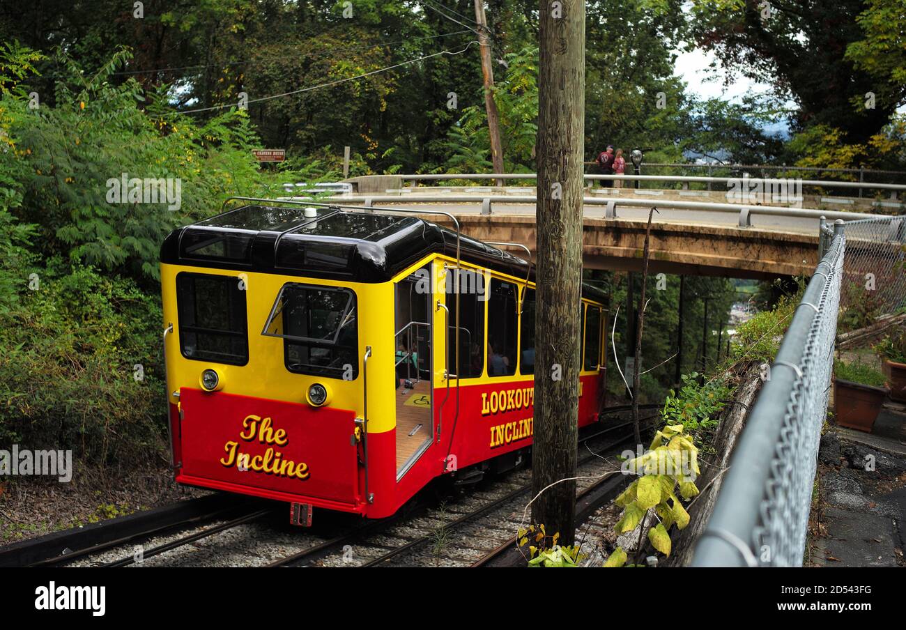 The inclined plane funicular railway, known as the Incline, seen climbing Lookout Mountain, TN Stock Photo