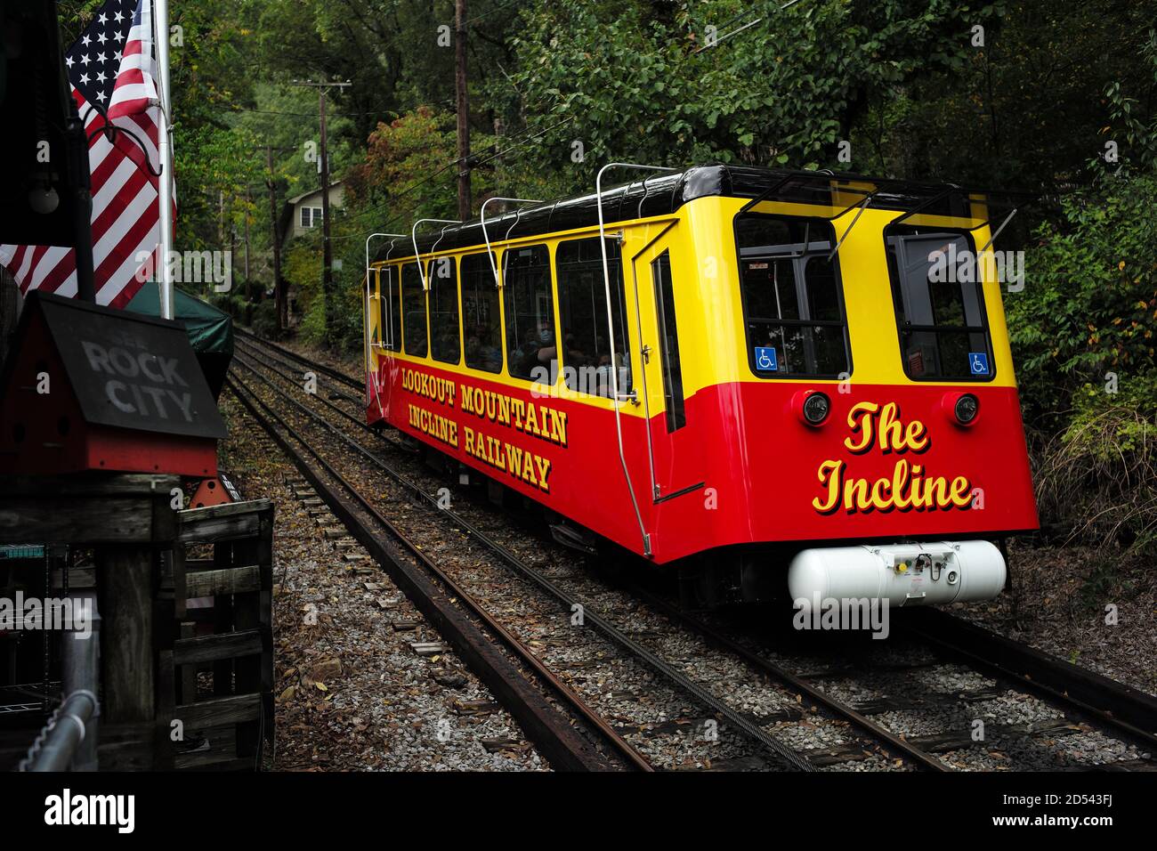 The inclined plane funicular railway, known as the Incline, seen climbing Lookout Mountain, TN Stock Photo