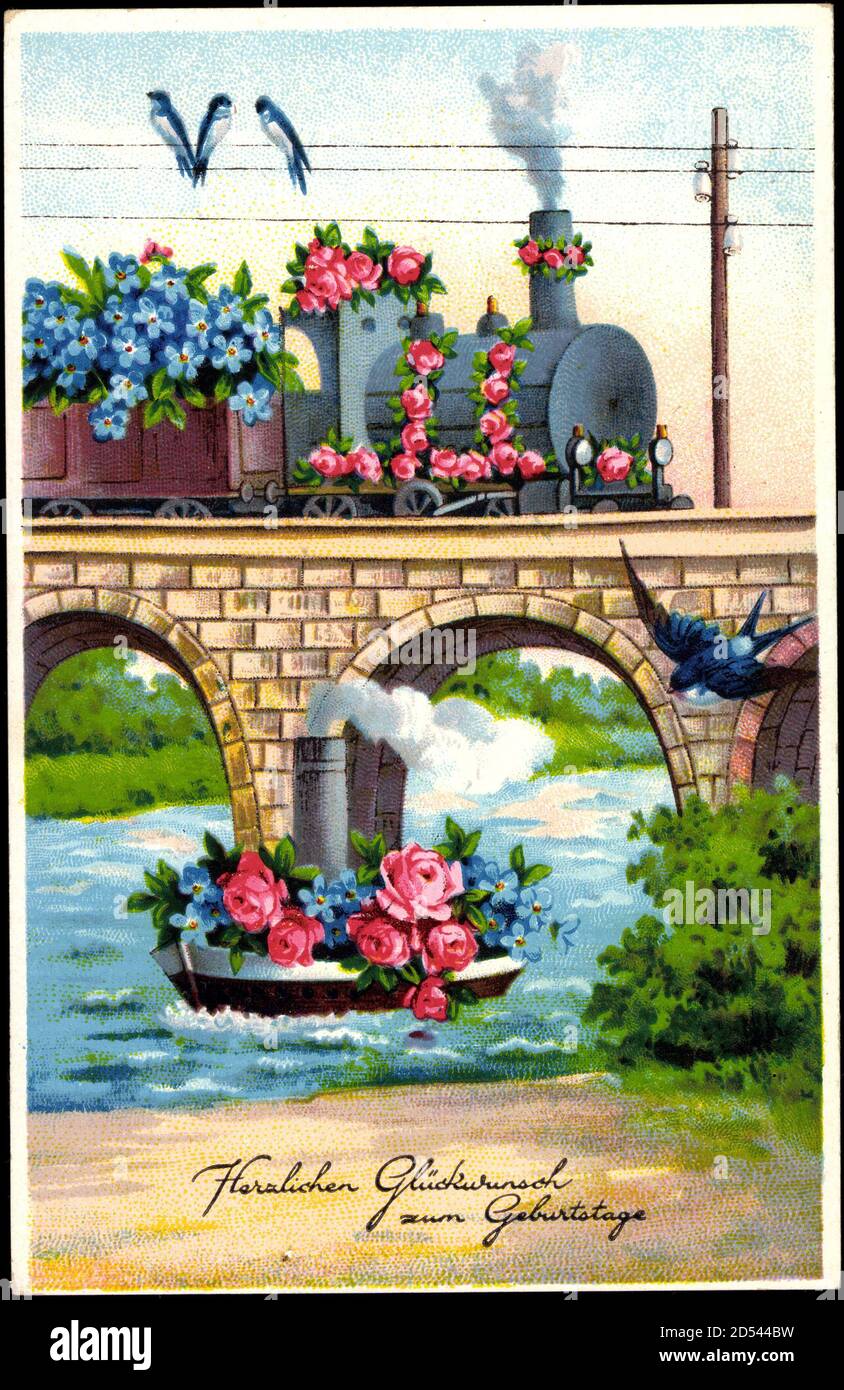Glückwunsch Geburtstag, Dampflokomotive, Dampfschiff, Blumen, Kitsch