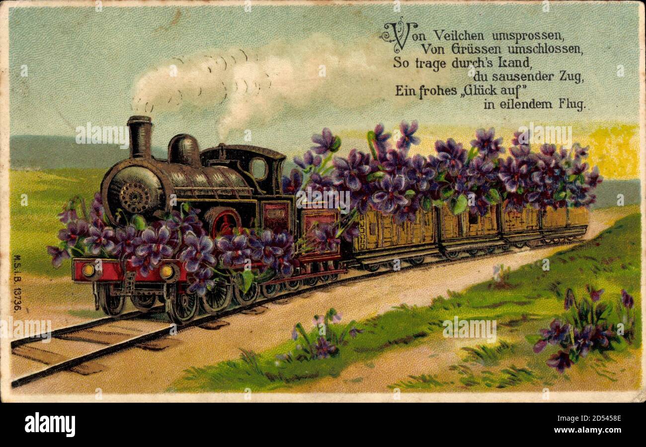 Dampflokomotive, Blumenbeschmückt, Kitsch, Veilchen | usage worldwide Stock Photo