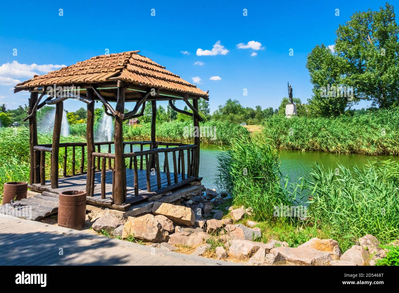 Zaporozhye, Ukraine 07.21.2020. Small pond in Voznesenovsky park on a sunny summer morning Stock Photo