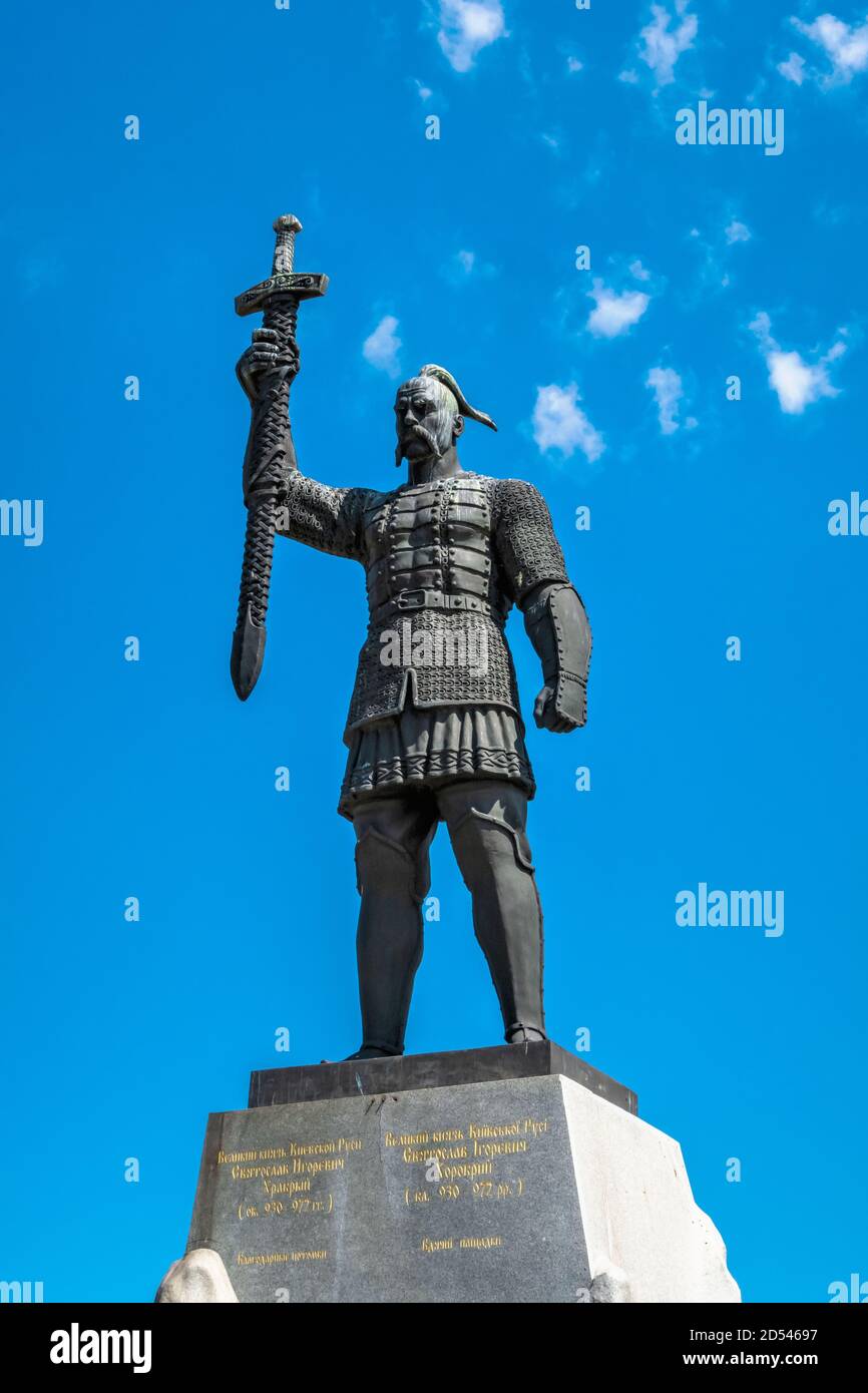 Zaporozhye, Ukraine 07.21.2020. Monument to Svyatoslav Igorevich in Voznesenovsky park in Zaporozhye, Ukraine, on a sunny summer morning Stock Photo