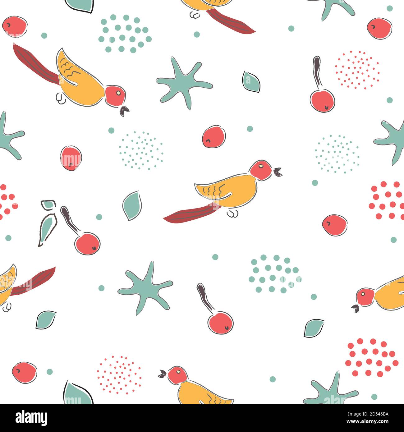 Cute Hand Drawn Pattern With Red Bird. Great for Wall Art, t-shirts, cups, fabric, textile, gift wrapping, swatches, prints, scrapbooks, etc. Vector I Stock Vector