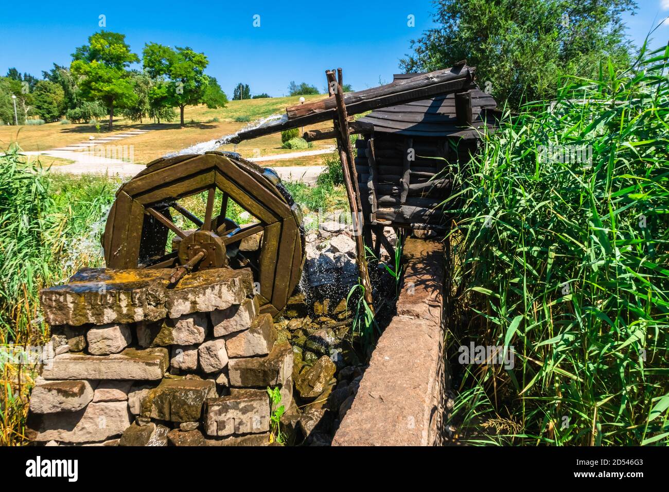 Zaporozhye, Ukraine 07.21.2020. Water Mill in Voznesenovsky park in Zaporozhye, Ukraine, on a sunny summer morning Stock Photo