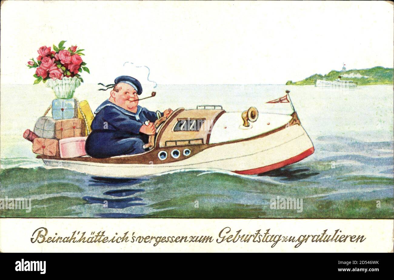 Glückwunsch Geburtstag, dicker Mann im Boot mit Blumen und Geschenken