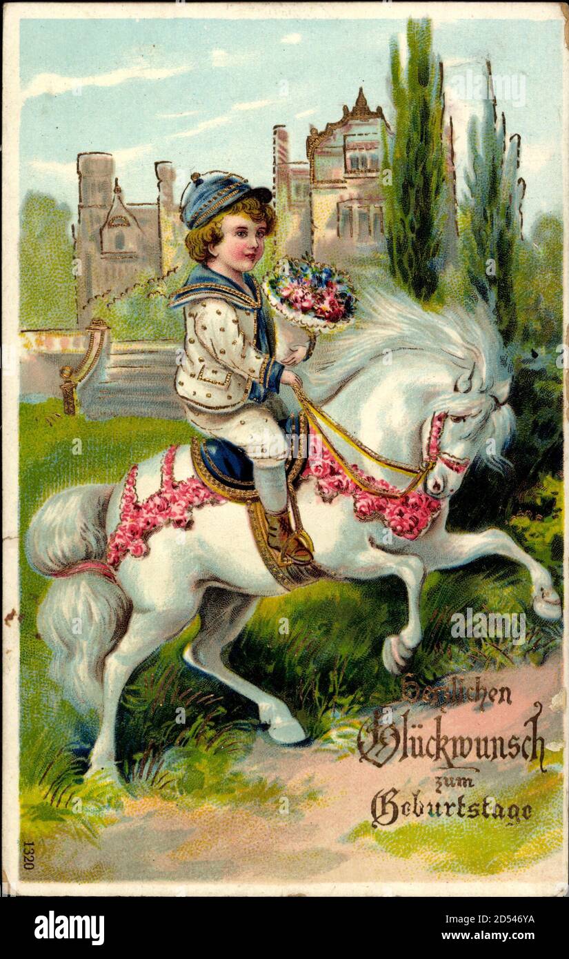 Glückwunsch Geburtstag, Kind reitet auf einem weißen Pferd usage