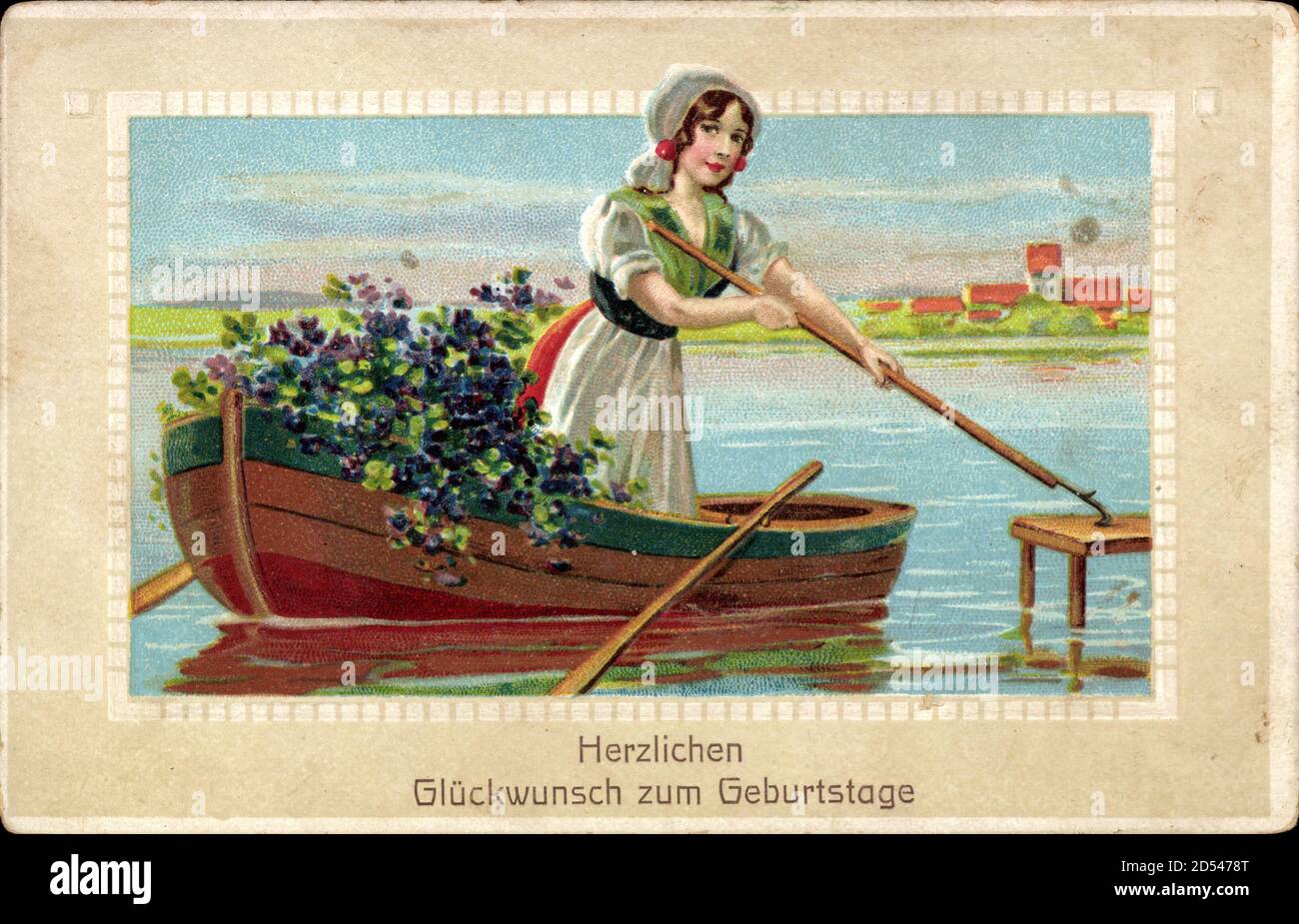 Glückwunsch Geburtstag, Junge Frau in Tracht im Boot mit Blumen usage