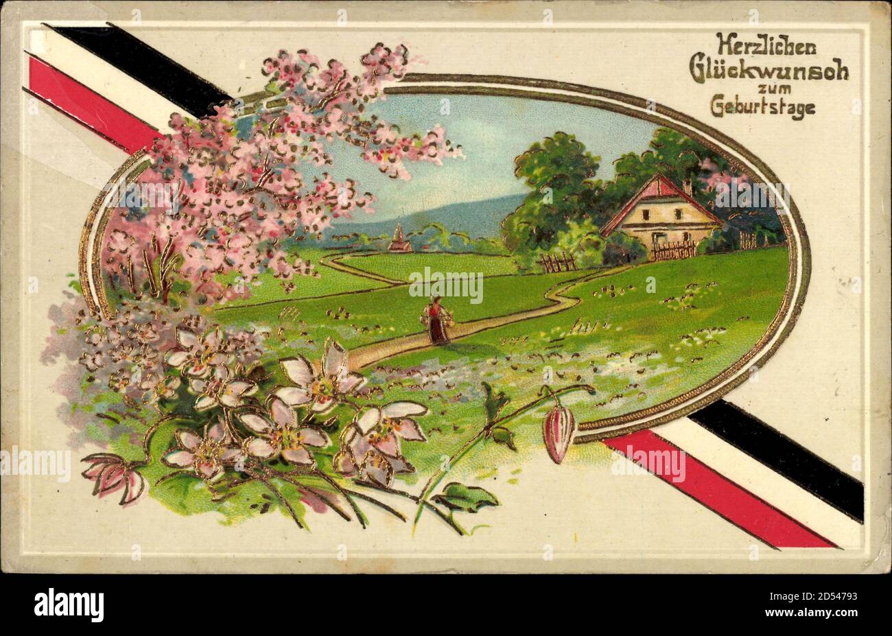 Glückwunsch Geburtstag, Landschaftsbild mit Fahne und Blumen usage