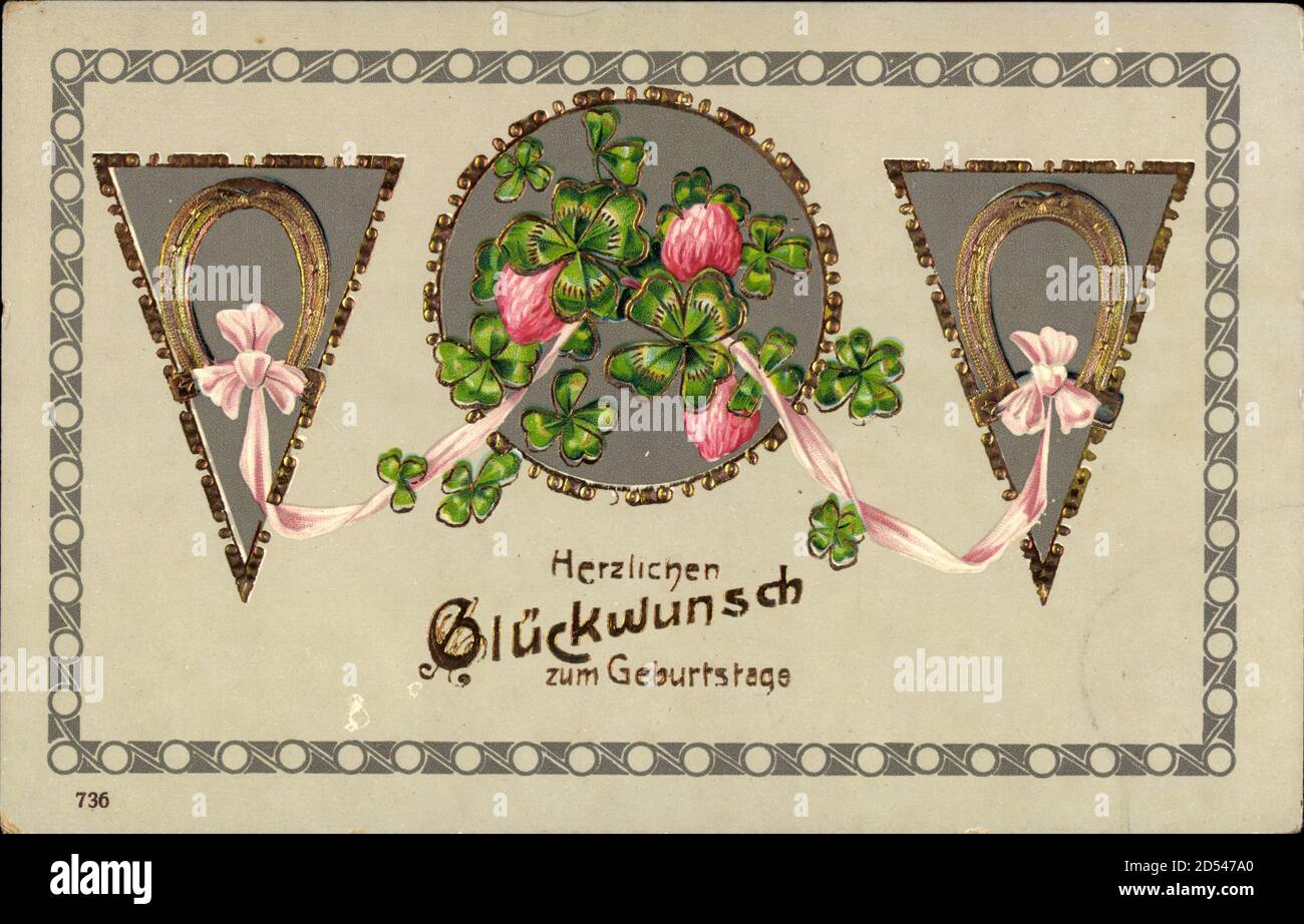 Glückwunsch Geburtstag, Kleeblätter, Hufeisen, Schleifen | usage worldwide Stock Photo