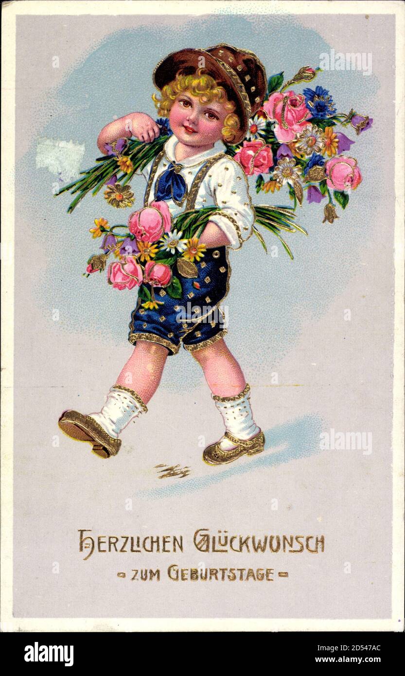Glückwunsch Geburtstag, Junge mit Blumenstrauß, Mütze usage worldwide