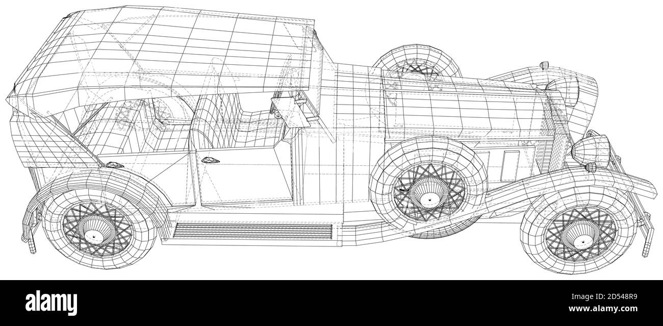 Vector Wire-frame isolated Retro car on background. Vector rendering of 3d Stock Vector