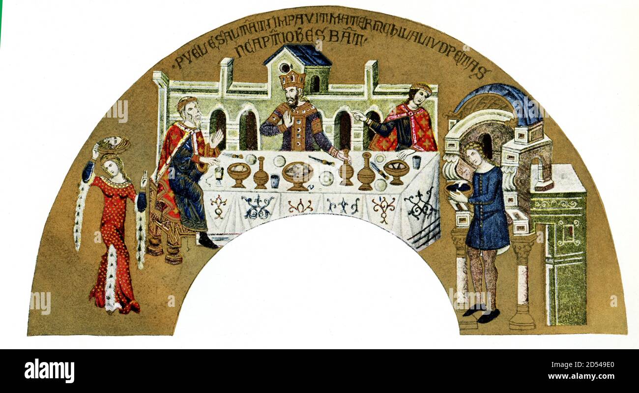 The Italian caption for this 1920s illustration reads: Banchetti Veneziani dal masaico Il Banchetto di Erode Sec XIV. Basilica San Marco  Battistero (“Venetian banquets from the mosaic of Herod's Banquet 14th century. In the baptistry of the Basilica San Marco in Venice”). Of all the biblical figures, Salome is certainly one of the most controversial and fascinating. Her story of seduction and death was represented by many artists throughout the ages, such as in the 14th century fantastic mosaics of the Baptistery of St. Mark's Basilica in Venice. Above the door of the Baptistery (where the ev Stock Photo