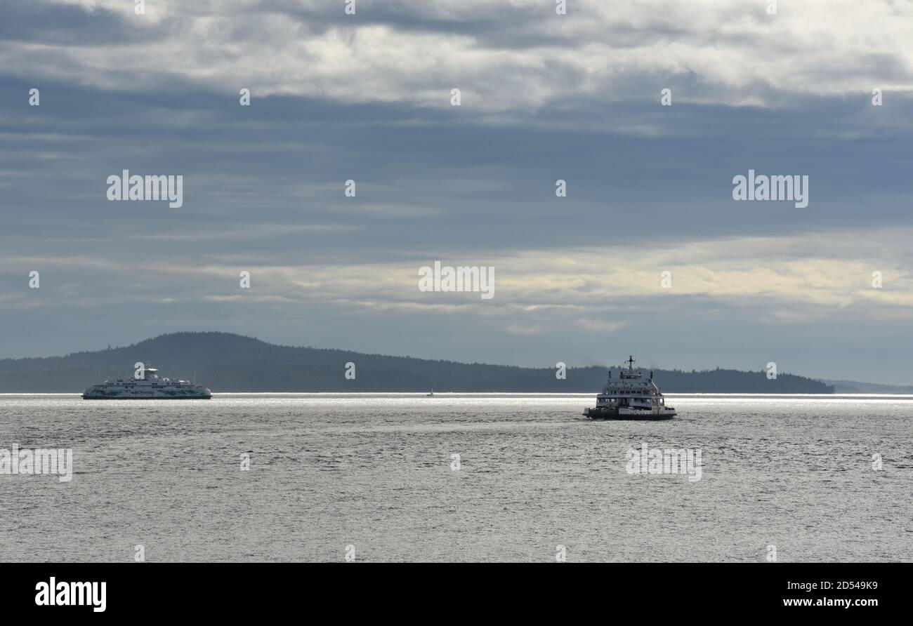 The BC Ferries ships cross paths among the southern Gulf Islands in British Columbia, Canada. Stock Photo