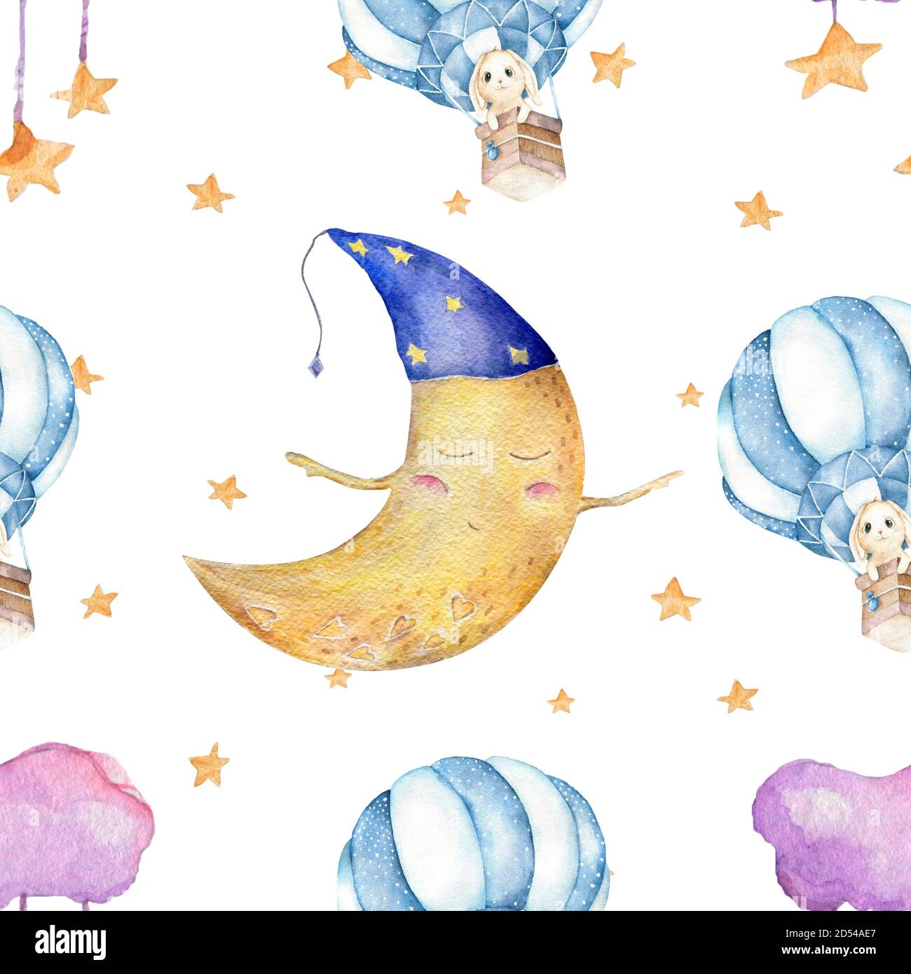 Children seamless pattern with pink clouds and stars in sky on white ...